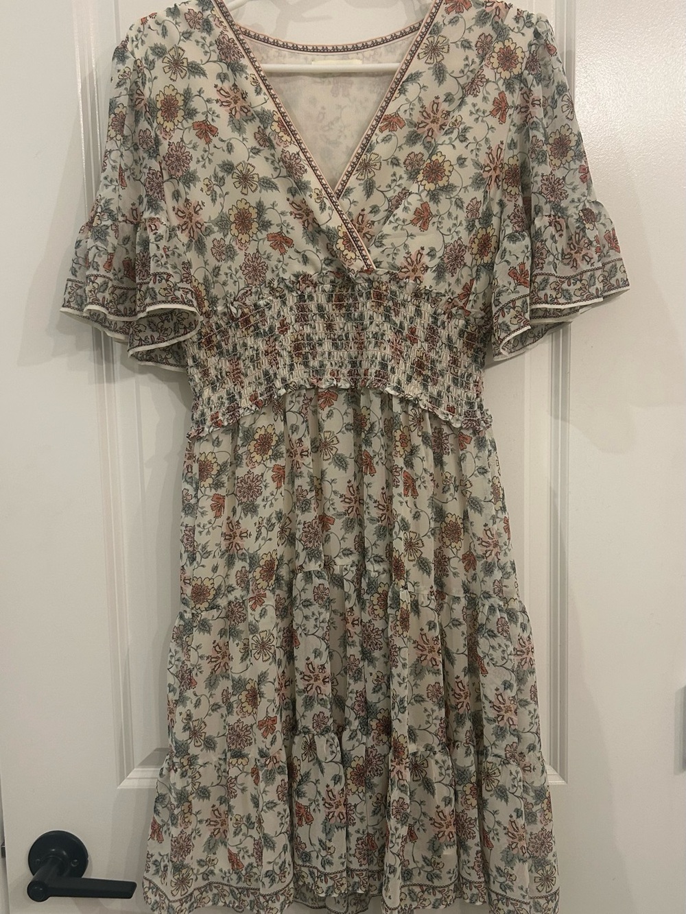 Max Studio Cream Floral Smocked Midi Dress with Rust and Sage Accents